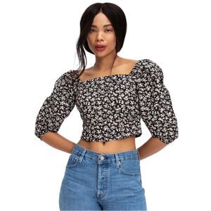 Levi’s The Statement Blouse Black Floral Puff Sleeve Cropped Top L